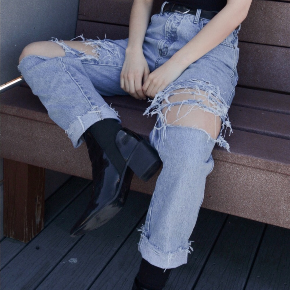 Vintage Harley Davidson Light Blue Distressed Boyfriend Jeans